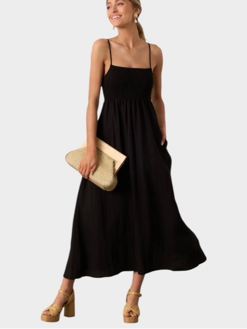 Z Supply Black Smocked Waist Midi Dress - Picture 2 of 11